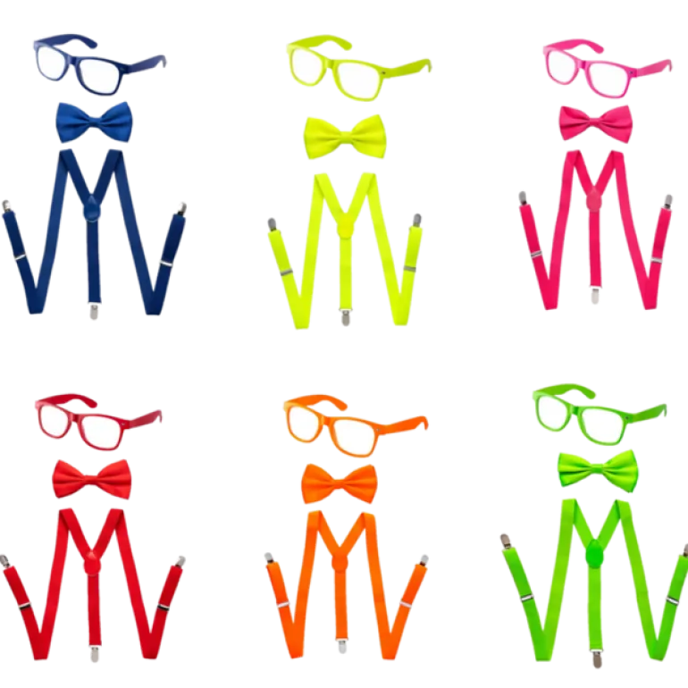Adults/Teens Neon Suspender, Bowtie, & Glasses Accessory Set
