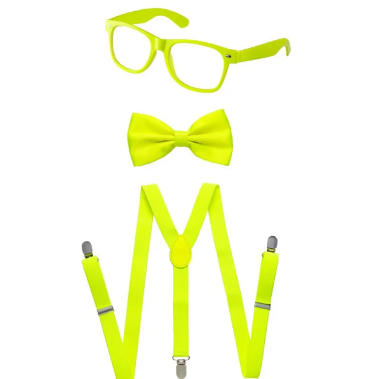 Adults/Teens Neon Suspender, Bowtie, & Glasses Accessory Set