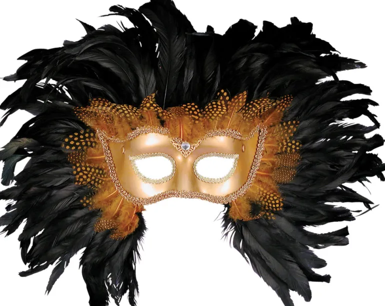 Gold and Black Feather Venetian Masquerade Costume Mask