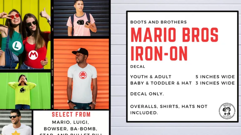 Nintendo Super Mario Bros Iron-on Decals (Mario, Luigi, Bowser, Da-bomb, Star, and Bullet Bill)