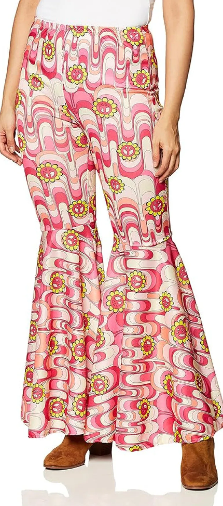 Womens Pink Flower Power Bell Bottom Hippie Costume Pants