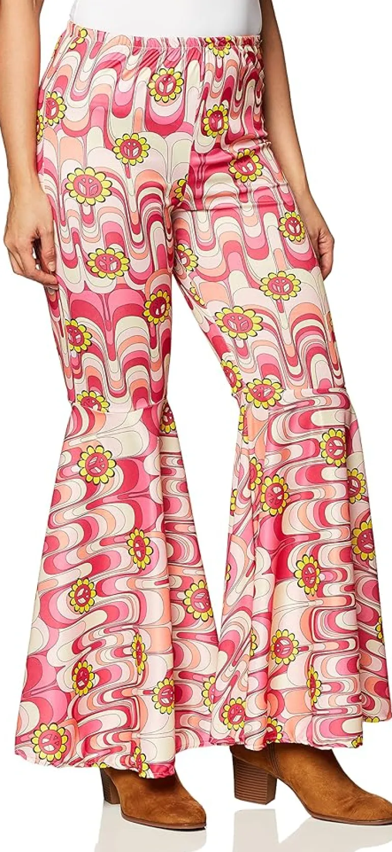 Womens Pink Flower Power Bell Bottom Hippie Costume Pants